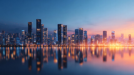 Poster - 3D Rendering of city scape. Large tall buildings and glowing signs reflection on river. View from dock port. For business product advertising technology transport background. 16547817 1