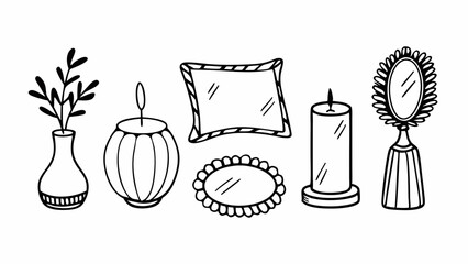 Poster - Illustration of decorative items including vases, mirrors, and candles in a doodle style design created with generated ai