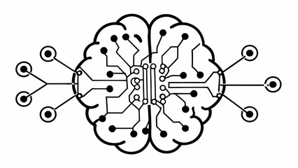 Poster - Illustration of a stylized brain with circuit board connections and nodes in black and white style created with generated ai