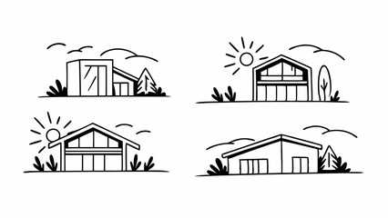 Poster - four minimalist house illustrations with trees and sun in black and white outline style design creat
