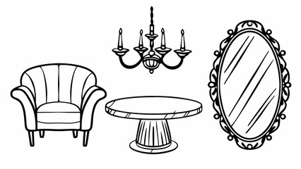 Poster - Illustration of a living room setup with armchair table chandelier and ornate mirror design sketch style created with generated ai