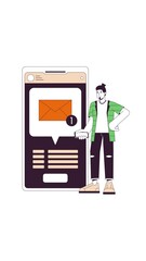 Poster - New message notification on mobile 2D vertical animation. Smartphone user. Caucasian man checking phone messaging app animated character cartoon flat concept metaphor 4K video isolated on white