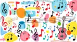 Colorful musical notes and guitar illustration for music education and creativity