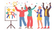 © CREATIVE CRUSADER - Illustration of diverse team celebrating success with awards and confetti near a presentation board