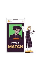 Poster - Successful match on dating app 2D vertical animation. Cheerful young woman celebrating mutual romance with smartphone animated character cartoon flat concept metaphor 4K video isolated on white