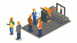 © CREATIVE CRUSADER - Isometric view of workers in hard hats inspecting machinery in a factory setting with a clipboard