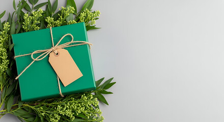 Wall Mural - Green Gift Box with Kraft Tag and Greenery on Grey Background