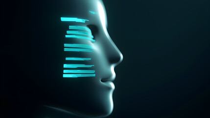Poster - A futuristic digital human face with glowing blue data lines represents artificial intelligence and advanced technology integration.