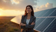 © Vadym - Latin woman investment manager examines solar panels at sunset. Confident businesswoman in suit outdoors. Renewable energy professional, clean eco tech, solar panel project, finance sustainability.