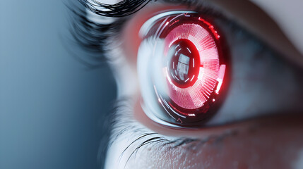Poster - Close-up of a human eye with a futuristic red digital interface overlay, symbolizing advanced technology and cybernetic enhancement.