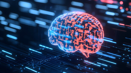 Poster - A digital brain composed of glowing red and blue data points floats above a dark, futuristic circuit board background.