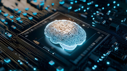 Poster - A digital brain illuminated on a microchip, symbolizing artificial intelligence and advanced computing technology.