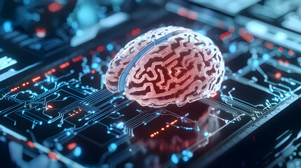 Poster - A digital brain model integrated with a circuit board, symbolizing artificial intelligence and the fusion of human cognition with technology.