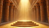 Ancient Egyptian temple with golden podium. Hieroglyphic carvings, sunlight beams, ornate gold detailing, showcase platform. Ideal for display, design, advertising, luxury, awards, art, architecture.