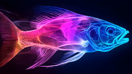 Poster - Neon-style digital illustration of a fish with vibrant pink, purple, and blue glowing lines on a black background.