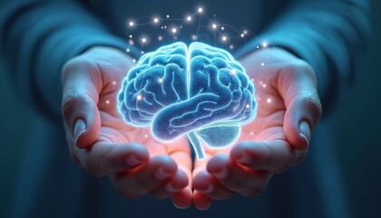 Poster - Hands cradle glowing human brain. Neural network concept, innovation, connection, creativity, idea, mental health, artificial intelligence, neuroscience, technology. Digital artwork, modern artistic