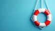 © Vadym - Red, white lifebuoy hangs against blue background. Safe water rescue symbol, maritime safety concept. Nautical equipment, summer vacation, sea travel theme, safety, tourism, vacation at ocean beach.