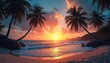 © Vadym - Breathtaking sunset over tropical beach with palm trees, tranquil sea, calm water, silhouette of hills on horizon. Evening dusk sky reflects in water. Summer vacation, holiday, travel vibes.