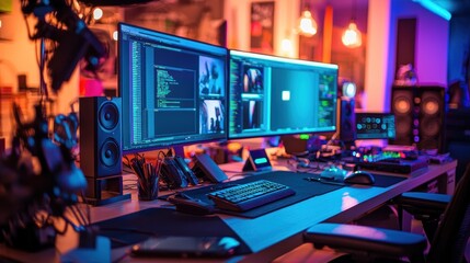 Poster - Neon-Lit Studio Workspace, Tech Gamer's Haven