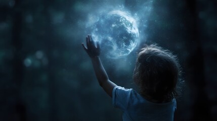 Poster - Child reaching toward glowing holographic Earth icon