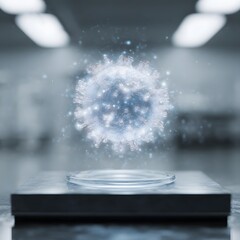 Poster - Holographic virus model floating above medical table in clean lab environment