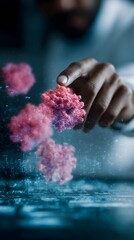Poster - Researcher analyzing a digital virus particle model with health data overlay