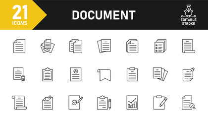 Poster - Document line icon set. Set of 21 outline icons related to document, clipboard, contract papers, archive, folder, proposal, script and others. Editable stroke. Vector illustration.