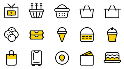 Poster - Collection of minimalistic outline icons representing various objects with yellow color accents