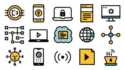 Poster - Colorful hand drawn digital technology and network icons for modern communication concepts