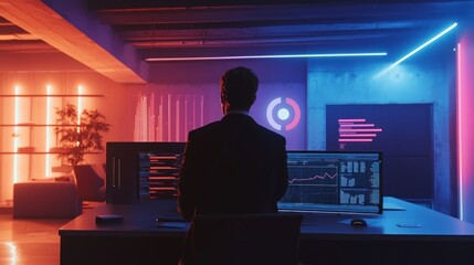 Poster - Cyberpunk Trader, Neon-Lit Office, Stock Market Data