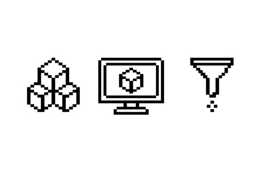 Pixelated icons: graphite effect on crystals, computer, and funnel