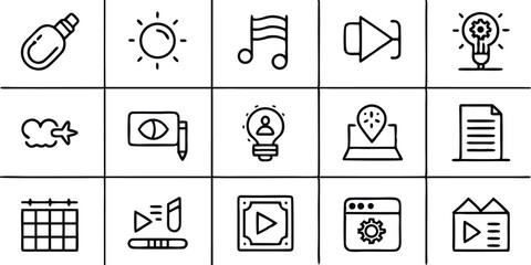 Poster - Collection of outline icons representing music video content media and modern web design