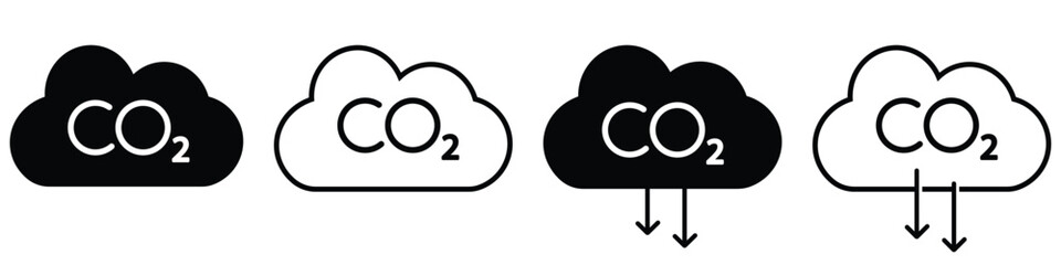 Poster - Cloud co2 reduction vector icons. Cloud co2 symbol with down arrow vector outline and silhouette icon set. Reduce co2 gas icon set. carbon reduction cloud sign. Vector illustration.