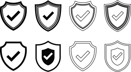 Fototapete - Black and white shield designs with checkmark symbols representing security and approval
