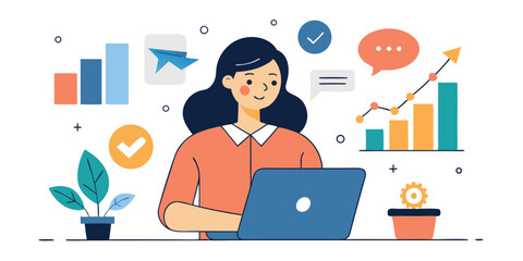Poster - Young woman working on laptop with business charts and check marks illustration
