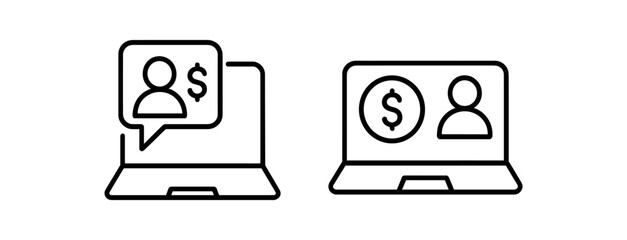Laptop icon illustrations with user and dollar symbols vector line icon illustration