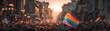 © john - A gay pride festival in a city square with a rainbow flag and people. An outdoor party of the lgbtq community, with a wide angle view of people holding colorful flags on a blurred background on a sunn