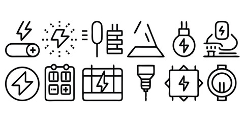 Poster - Collection of outlined icons featuring various symbols of electricity and energy on white background