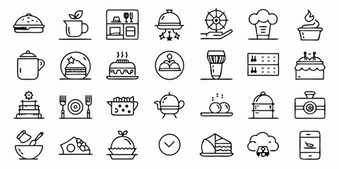Poster - Minimalist food and drink icons collection in black outline style for diverse applications