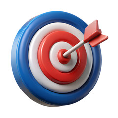 Poster - A vibrant 3d rendering of a classic target with a red arrow perfectly hitting the bullseye isolated on transparent background