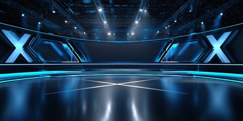Poster - Futuristic Stage Design with Striking Lighting & Reflective Floor. Great for Events, Presentations. Bold 'X' Accents & Smooth Transitioning Lights.
