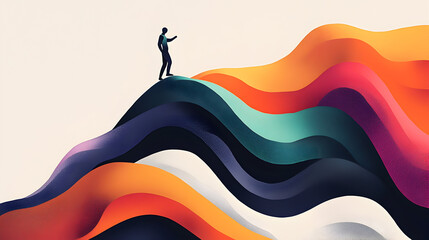 Poster - A person stands atop colorful, wavy layers symbolizing creativity, growth, and abstract exploration.