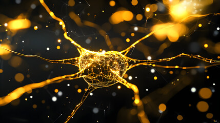 Poster - A glowing neural network with interconnected synapses illuminated in bright yellow and orange tones against a dark background.