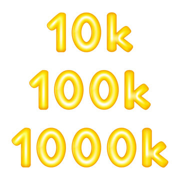 Glossy 3D rendered golden balloon style numerals 10k 100k and 1000k in a shiny playful icons vectors set.