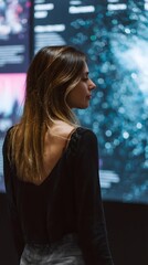 Aufkleber - Woman examining interactive data panel displaying trends for the future