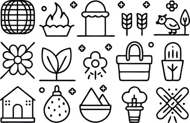 Poster - Set of monochrome outline icons representing nature outdoor activities and various elements