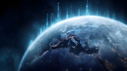 Poster - Digital globe displaying oil production zones with region specific hologram charts