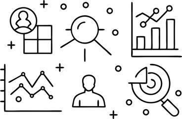 Poster - Simple black and white icon set featuring data analysis and business strategy elements