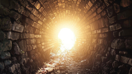 Poster - Bright tunnel of light emerges from dark, brick lined passage, creating striking contrast between shadows and illuminating glow. This scene evokes sense of hope and discovery