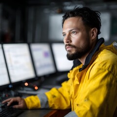 Poster - A technician monitoring real time system load on an offshore oil platform dashboard